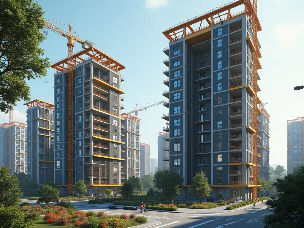 multifamily building projects A row of modern multi-story apartment buildings under construction with visible steel frames and concrete foundations in a bright urban setting.