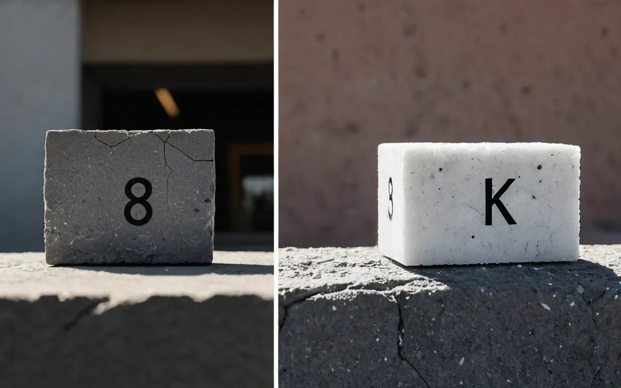 A split view showing a cracked gray block on the left and an identical block with a healed fissure filled with white crystalline material on the right under neutral lighting emphasizing texture contrast.