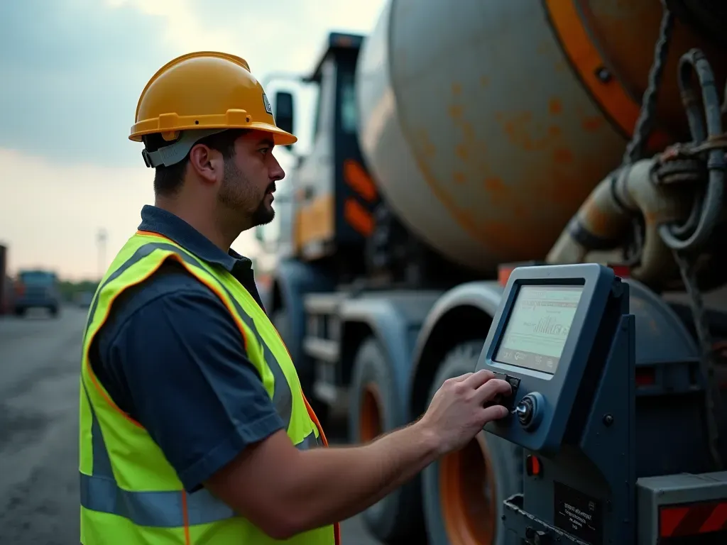 A technician in a high visibility vest adjusting a digital control panel on a large concrete mixer truck, with focused lighting highlighting the precision of manual controls and industrial machinery.