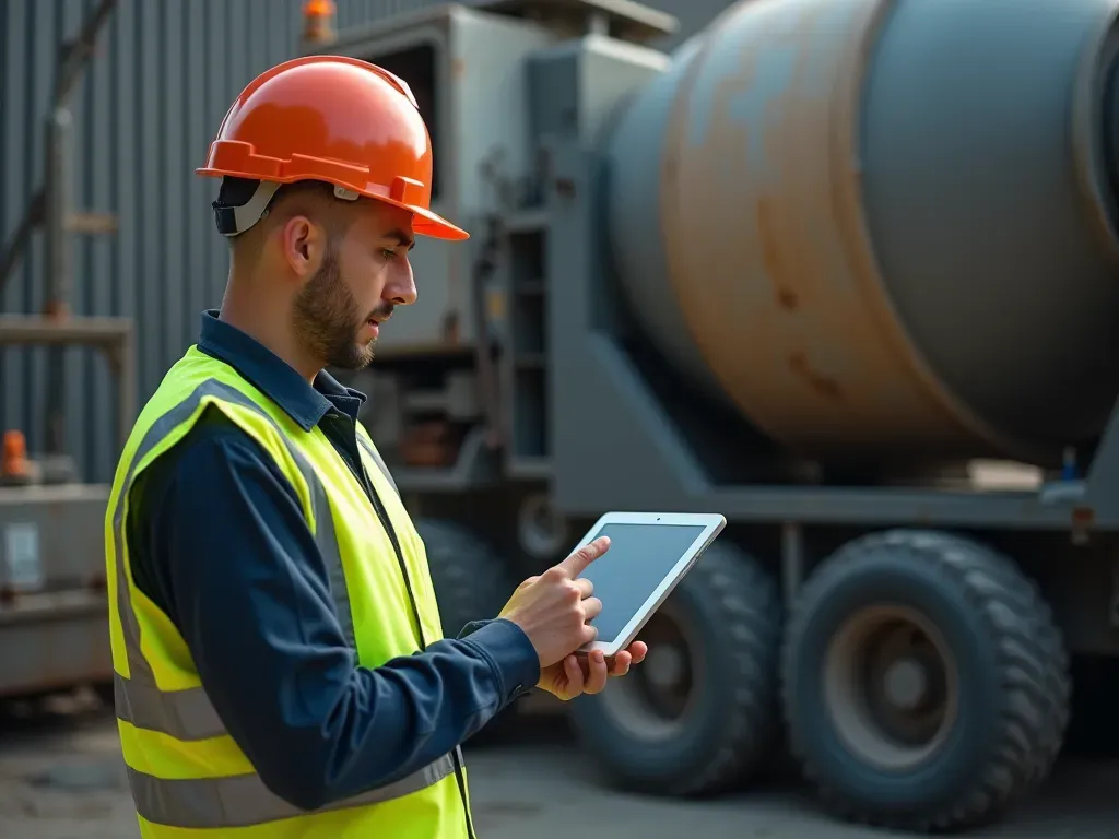 A technician in high visibility vest checking a digital tablet near the base of a large concrete mixer, industrial background with blurred machinery parts