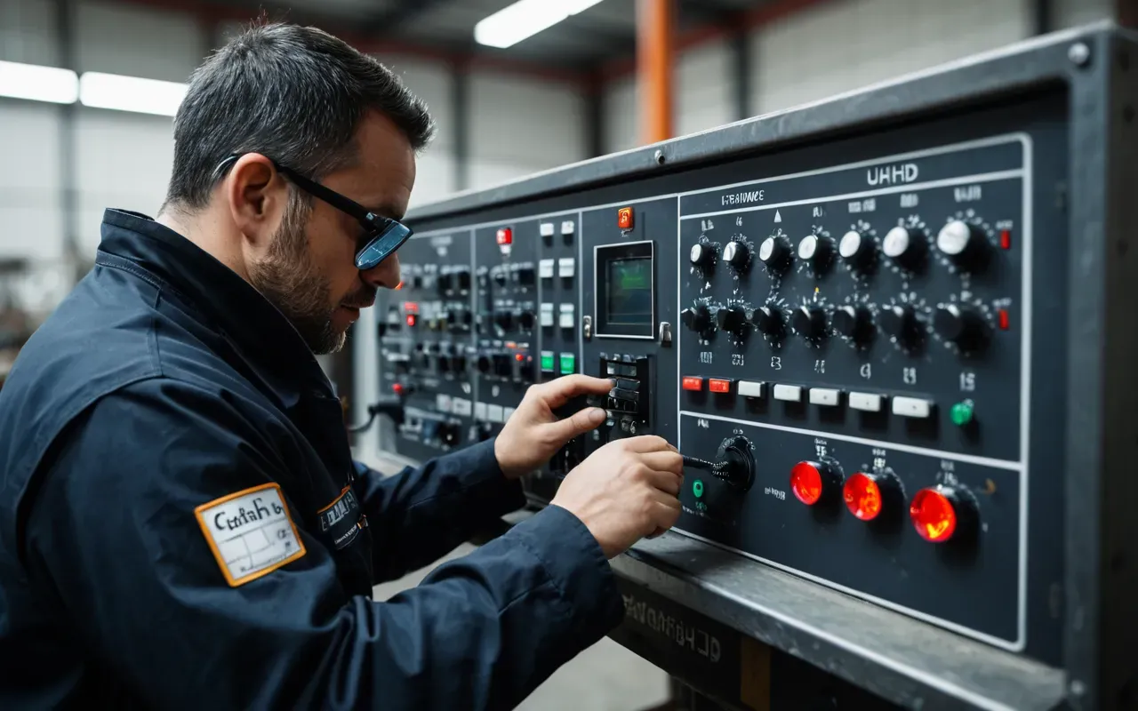 A technician in protective gear adjusting a control panel with various dials and indicators in a well lit industrial workshop environment showing focused attention on the equipment.
