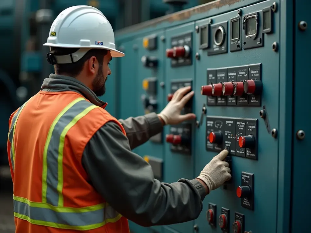concrete plant controls A technician in protective gear adjusting a control panel on a large industrial concrete mixing machine with digital displays and gauges visible.