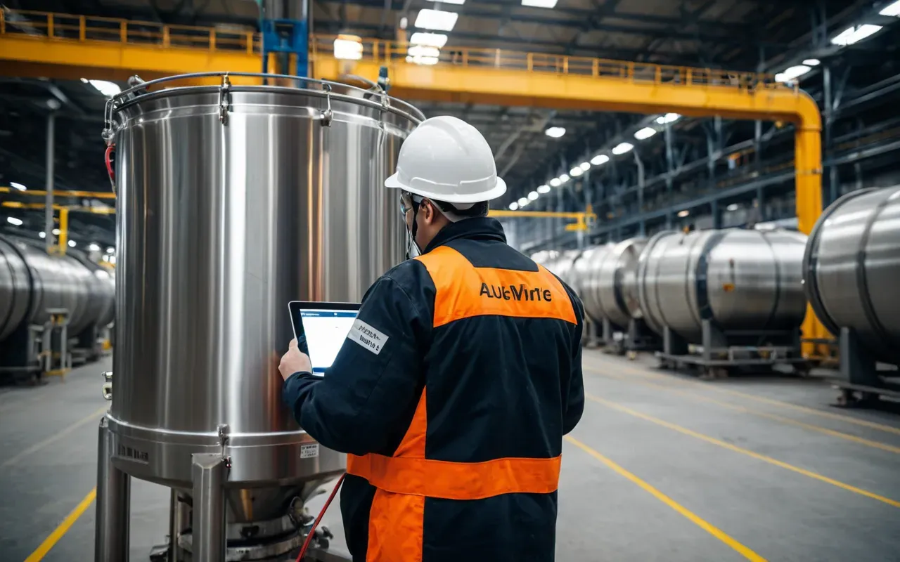 A technician in safety gear using a digital tablet to inspect a large stainless steel mixing drum inside an industrial facility with bright overhead lighting