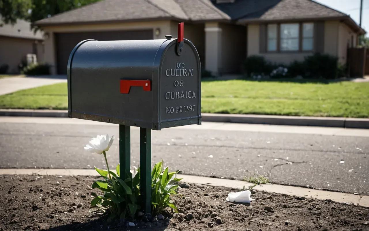 dust accumulation residential area A thick layer of grey dust covering a suburban front lawn and mailbox under bright sunlight. A single white flower petal rests on the dusty surface near the base of the post.