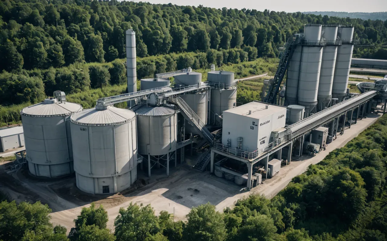 A wide-angle photo-realistic shot of a modern automated concrete batching plant facility surrounded by industrial greenery. Large metal silos rise against clear blue sky while digital screens display live production data on control panels nearby. Bright daylight illuminates clean stainless steel surfaces reflecting sunlight suggesting advanced technology integrated seamlessly into heavy machinery operations.