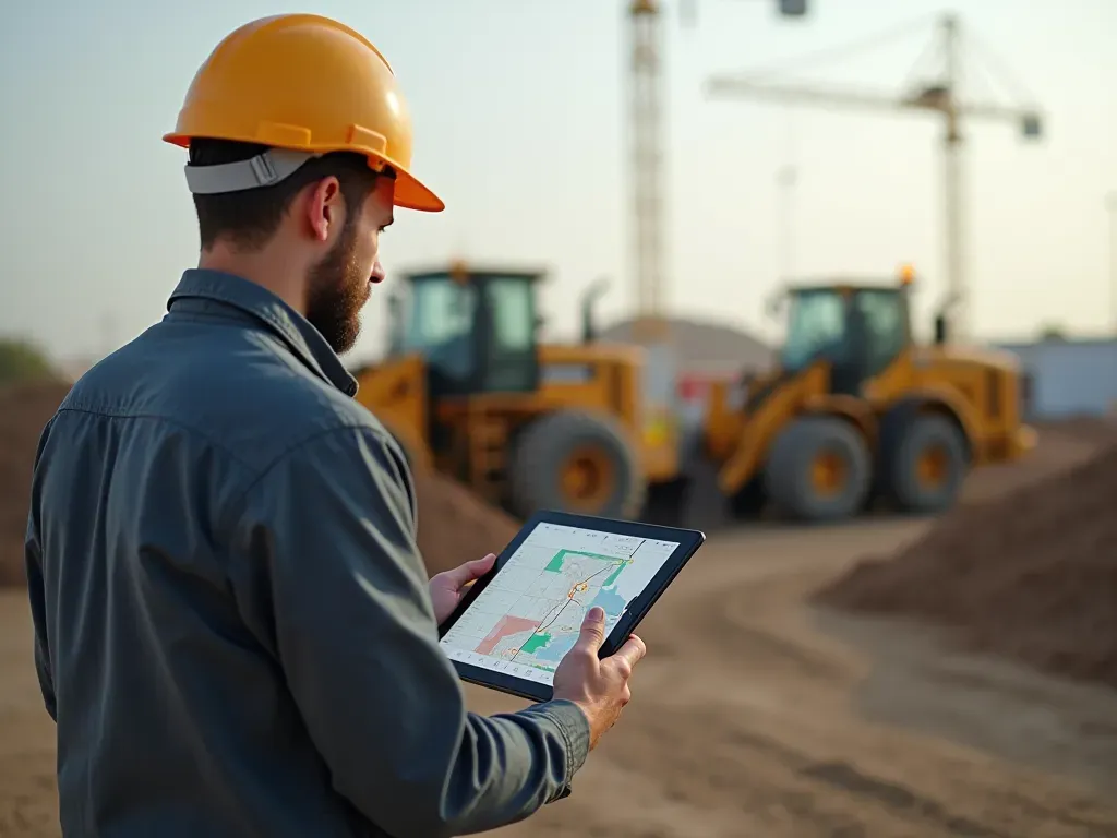 construction technology efficiency A wide-angle photo-realistic view of a modern construction site with heavy machinery in the background. In the foreground a contractor holds a tablet displaying temperature graphs and concrete maturity data from embedded sensors.