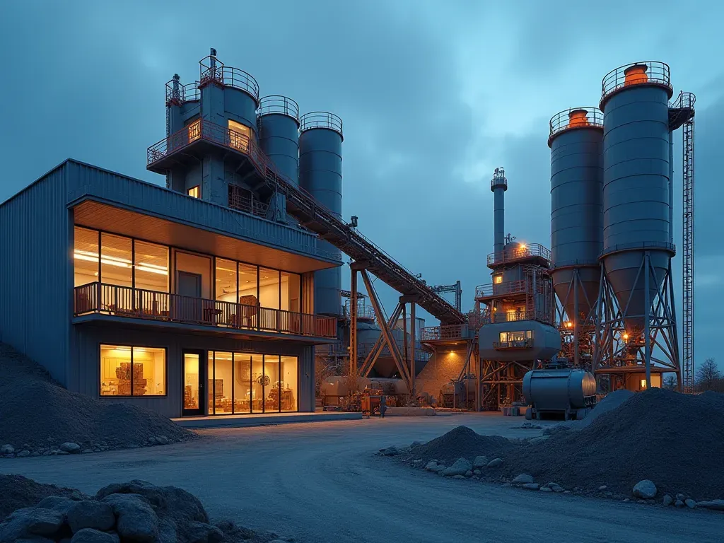 A wide-angle shot of a futuristic concrete batching plant facility at dusk with warm interior lights glowing through large windows and heavy industrial machinery silhouetted against an orange sky showing advanced automated equipment.