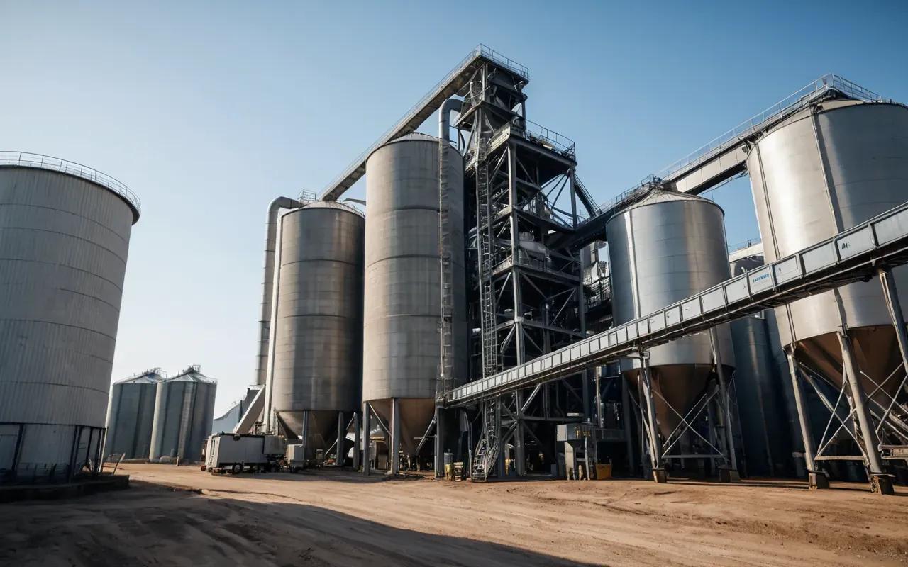 A wide angle shot of a modern concrete batching plant exterior with large silos and conveyor belts under a clear sky showing the scale of industrial operations without any visible signage or text.