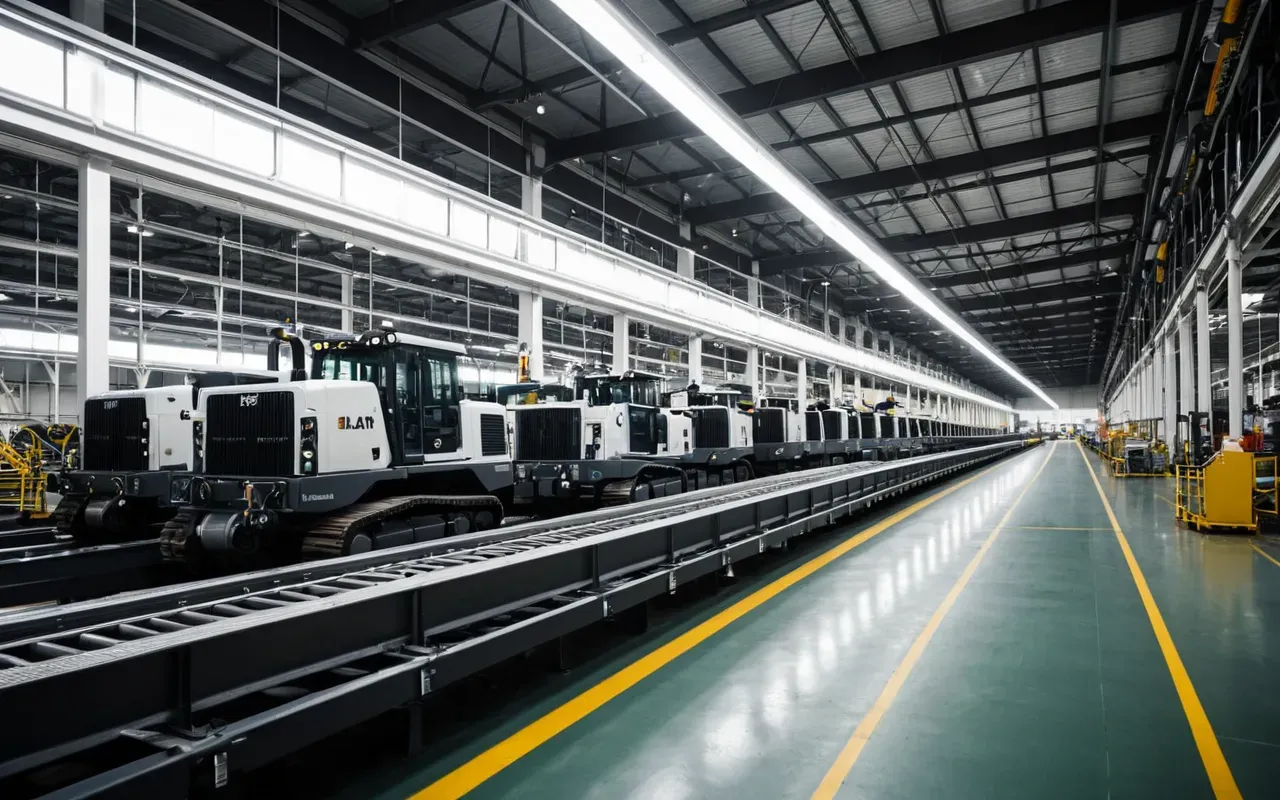 A wide-angle view of a modern heavy equipment assembly line inside a clean industrial facility with bright overhead lighting showing steel components moving along conveyor belts toward the final welding station without any visible people or text.