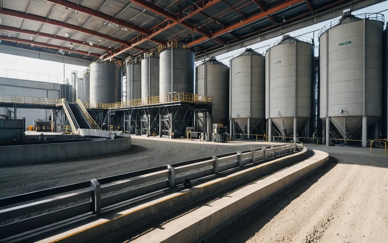 A wide angle view of a modern industrial concrete mixing facility with large cylindrical silos and automated conveyor belts operating under bright daylight in an open yard setting.