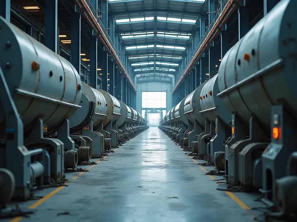 A wide shot of a modern concrete batching plant interior showing large mixing drums, steel hoppers, and digital control panels with glowing indicators under bright industrial lighting. No people or text visible.