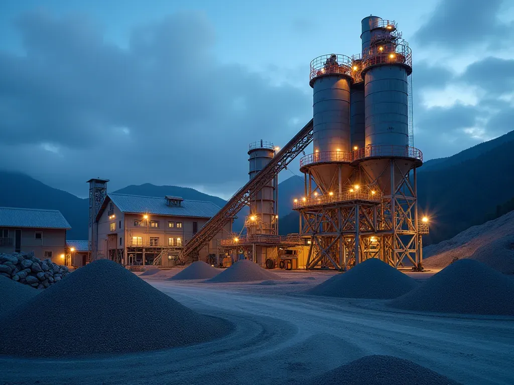 A wide shot of a modern concrete batching plant at dusk, with illuminated control rooms and large storage hoppers filled with gravel, showing the scale of industrial heavy equipment operations.