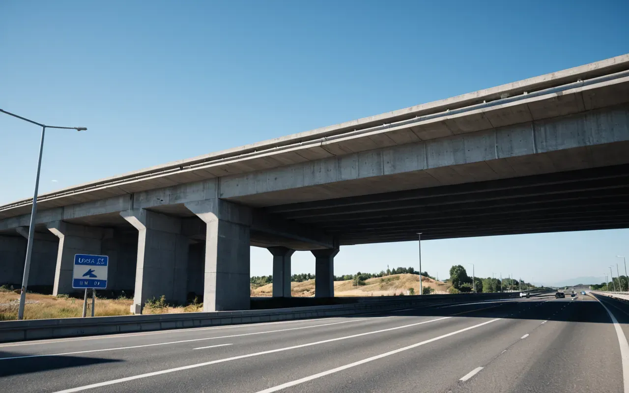 A wide shot of a modern highway overpass structure with smooth concrete surfaces under clear blue sky and minimal traffic.