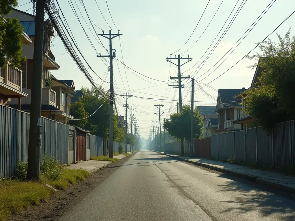 A wide shot of a residential street with houses and trees adjacent to an industrial fence line showing the proximity between living spaces and construction materials without any visible signage or people.