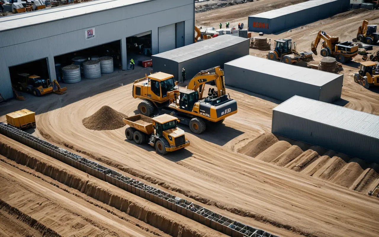 Aerial view of a construction site with heavy machinery operating around a central mixing area, showing organized material storage piles and worker activity under bright midday sun, high angle editorial photography emphasizing scale and precision.