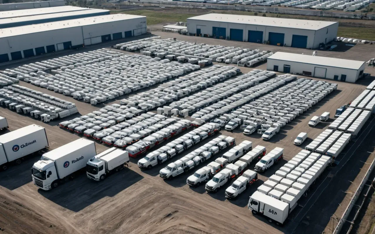 Aerial view of an organized industrial yard with rows of clean white trucks parked in designated bays near a large central mixing station under bright daylight