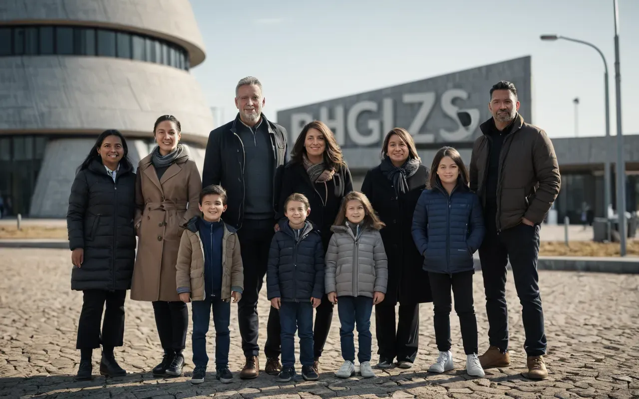 An inspirational photorealistic scene showing diverse group of adults and children standing together outdoors near modern architectural structures symbolizing community unity against industrial pollution threats with hopeful lighting effects.