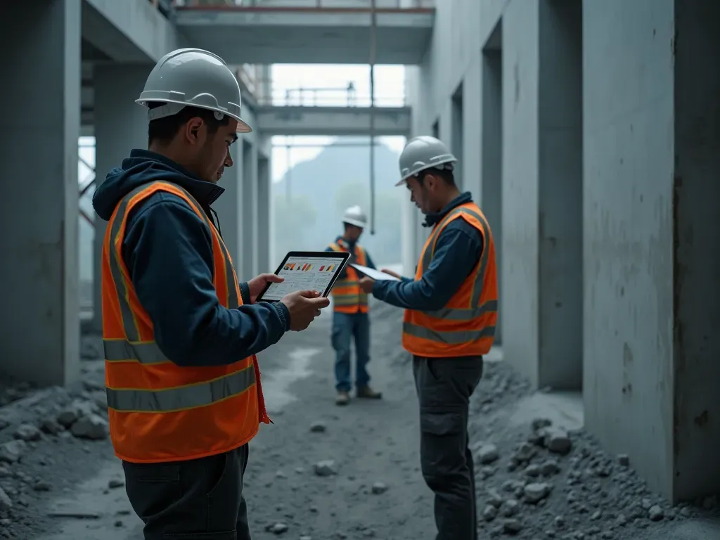 An interior view of a high-tech construction site with workers using tablet devices to monitor live data streams while standing near freshly poured grey concrete pillars under bright artificial lighting in an unfinished building structure.
