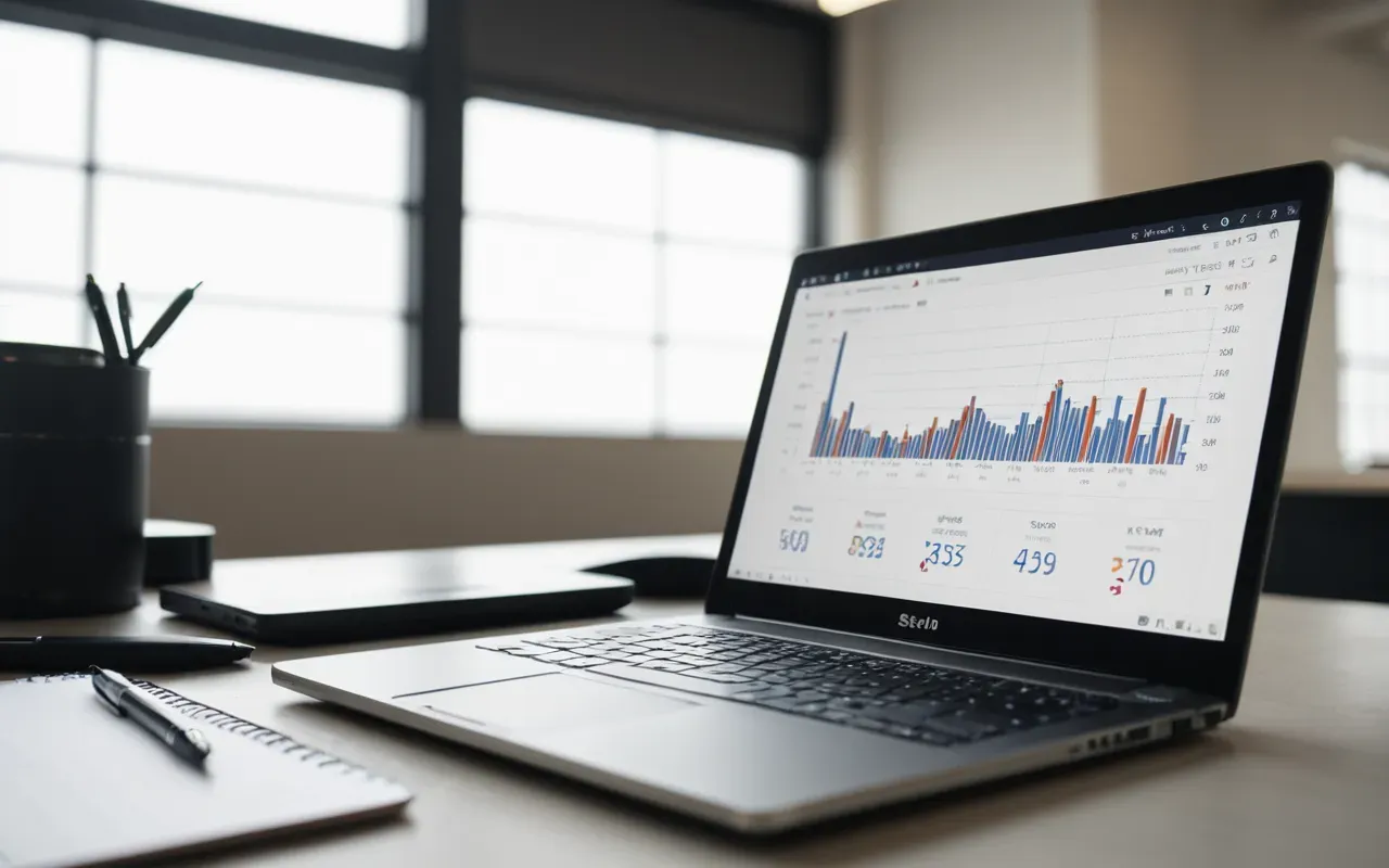 Clean minimal workspace with a laptop displaying line graphs and data points on screen next to a notebook and pen, soft daylight, neutral color palette