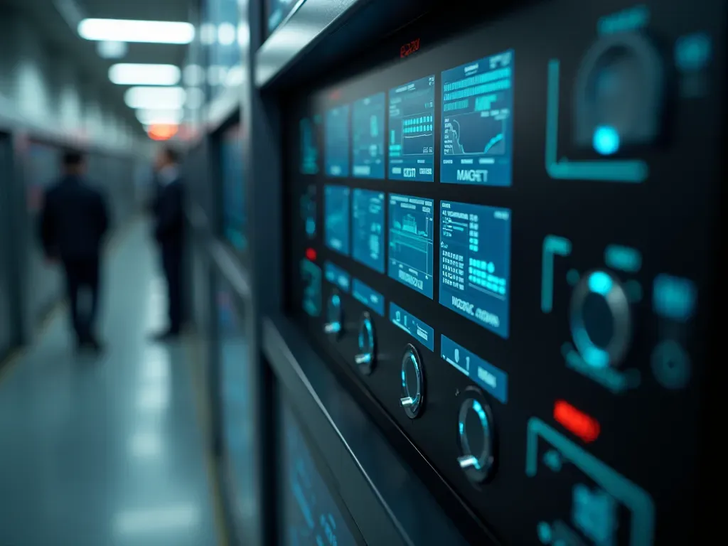 Close up editorial photograph of a modern digital control panel with touchscreen interface, stainless steel buttons, and clean industrial lighting, neutral technical setting