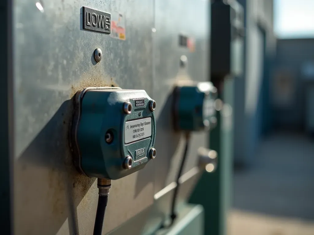 Close up of a stainless steel load cell sensor attached to a concrete mixing hopper with cables running into a control box, bright daylight setting