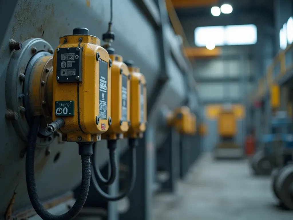 Close up of industrial load cells attached to a large steel aggregate hopper inside a modern concrete batching facility, showing precision sensors and metallic surfaces under bright workshop lighting.