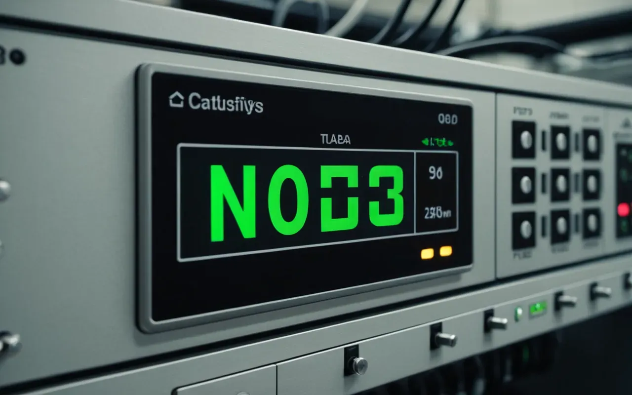 Close up view of a digital control panel with glowing green indicators and complex wiring inside a clean industrial machine room showing high tech automation systems