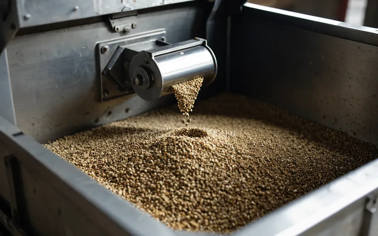 Close up view of a metal hopper mechanism with granular material flowing through an opening, industrial setting, shallow depth of field, neutral tones