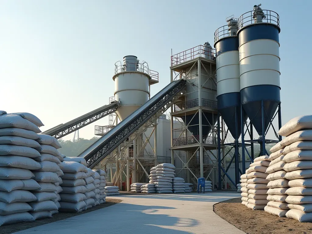 concrete batching technology Close-up view of a modern concrete batching plant with large hoppers and mixing drums operating in an industrial yard surrounded by stacks of cement bags.