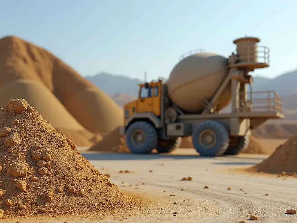Close up view of concrete mixer machinery and aggregate storage piles in an industrial yard with bright daylight highlighting the texture of dry sand and gravel without any human figures present.