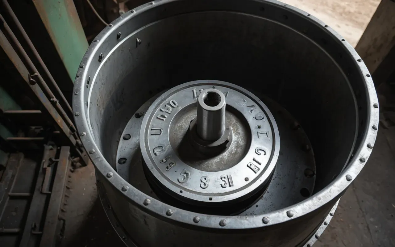 Close up view of heavy duty steel mixing blades inside an industrial drum, showing worn metal surfaces and hydraulic components under harsh artificial workshop lighting, detailed mechanical photography with shallow depth of field highlighting the rugged machinery.