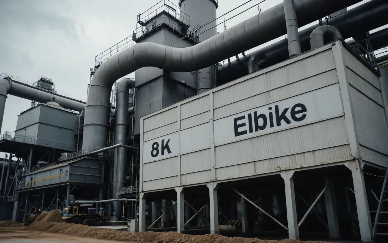 Close up view of industrial filtration systems and ventilation ducts on a concrete batching plant exterior with heavy machinery in the background under overcast skies emphasizing technical infrastructure and environmental controls.