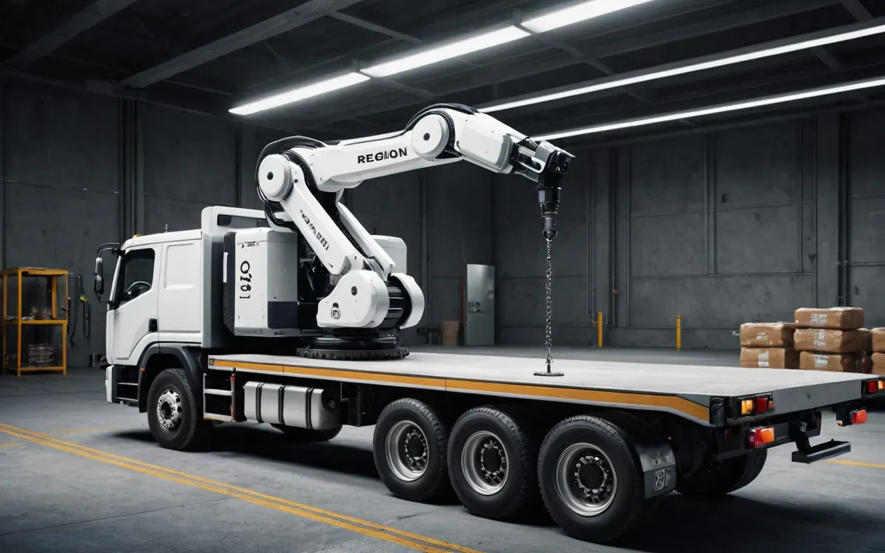 automation technology Conceptual illustration of futuristic automated robotic arm filling truck bed with concrete under bright studio lighting representing advanced technology