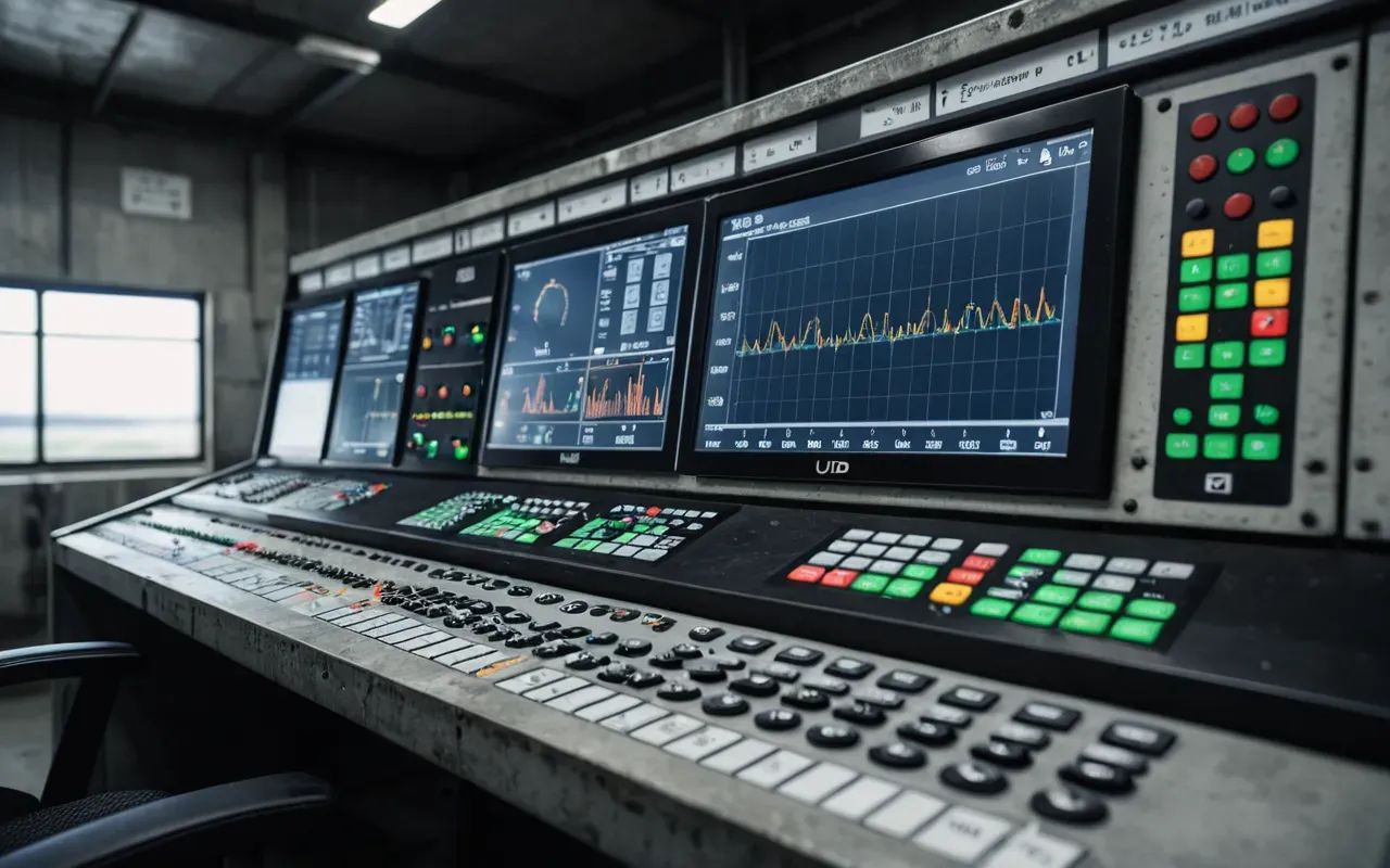 batching technology Detailed view of digital control panel buttons and screens inside a concrete batching plant operator cabin showing graphs and data inputs