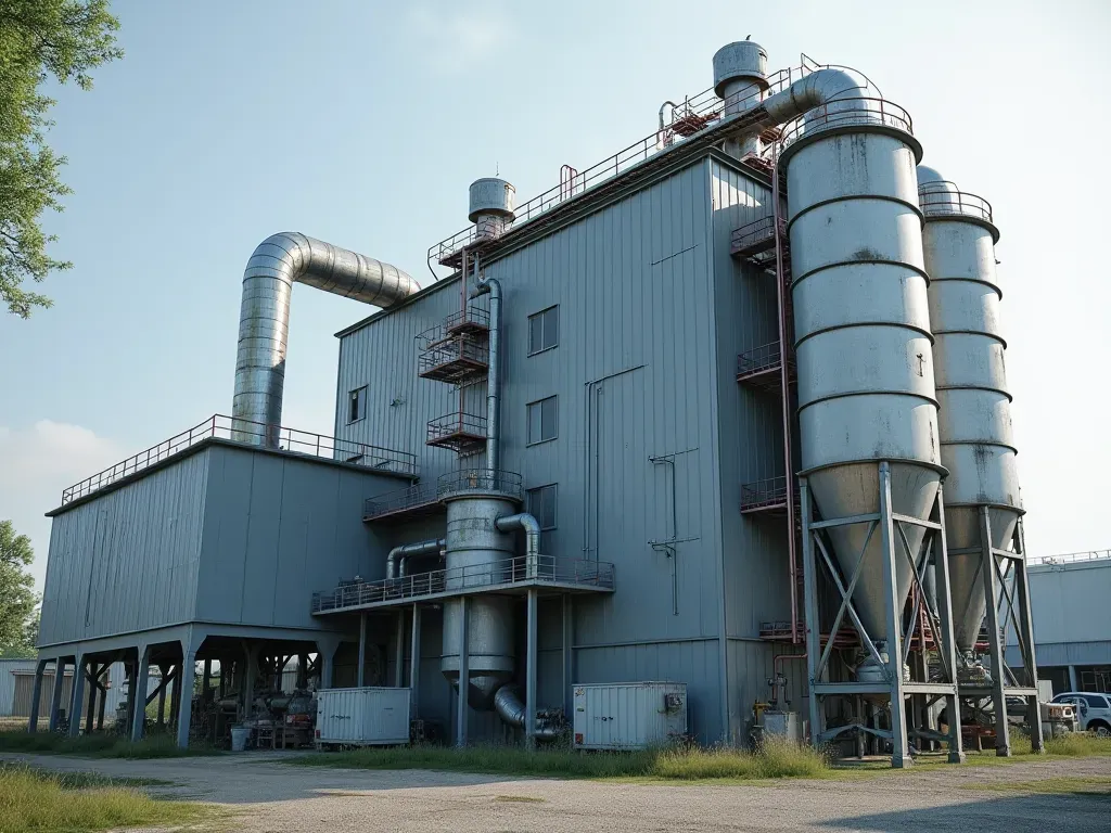 Detailed view of industrial ventilation systems and dust collectors attached to a large mixing building showing the mechanical components used for air filtration in an outdoor setting.