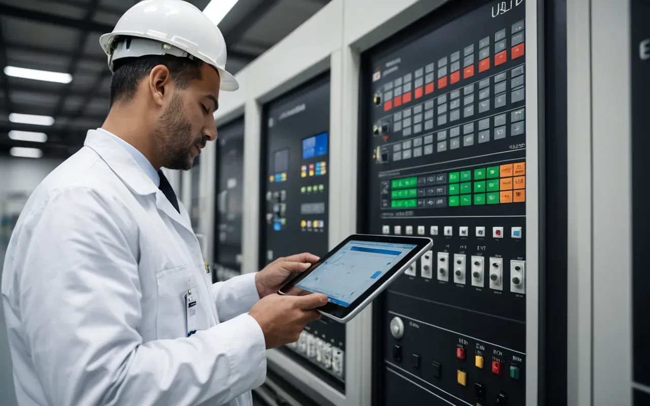 Editorial photograph of an engineer checking a digital tablet next to industrial control panels in a clean facility, natural light from window, professional attire