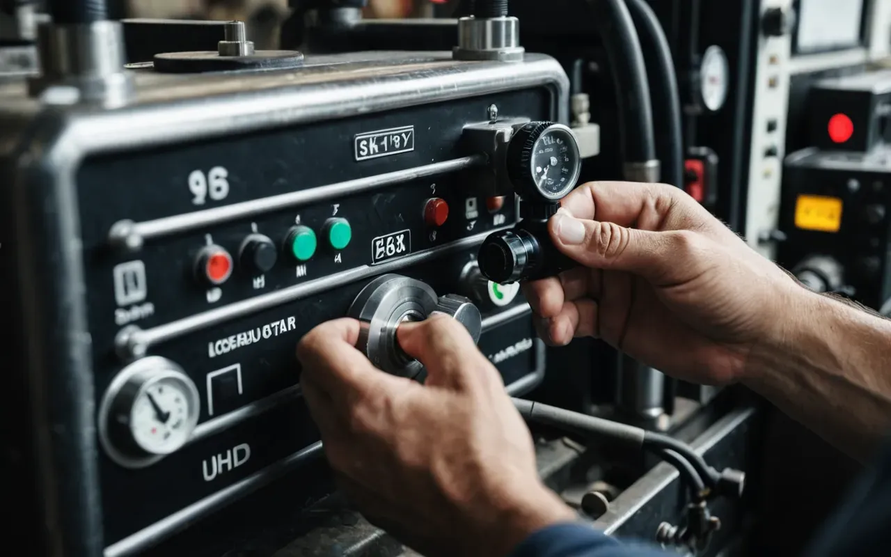 Hands of an operator adjusting a control valve on industrial machinery in a well lit workshop environment, close up shot, focus on action and mechanism details