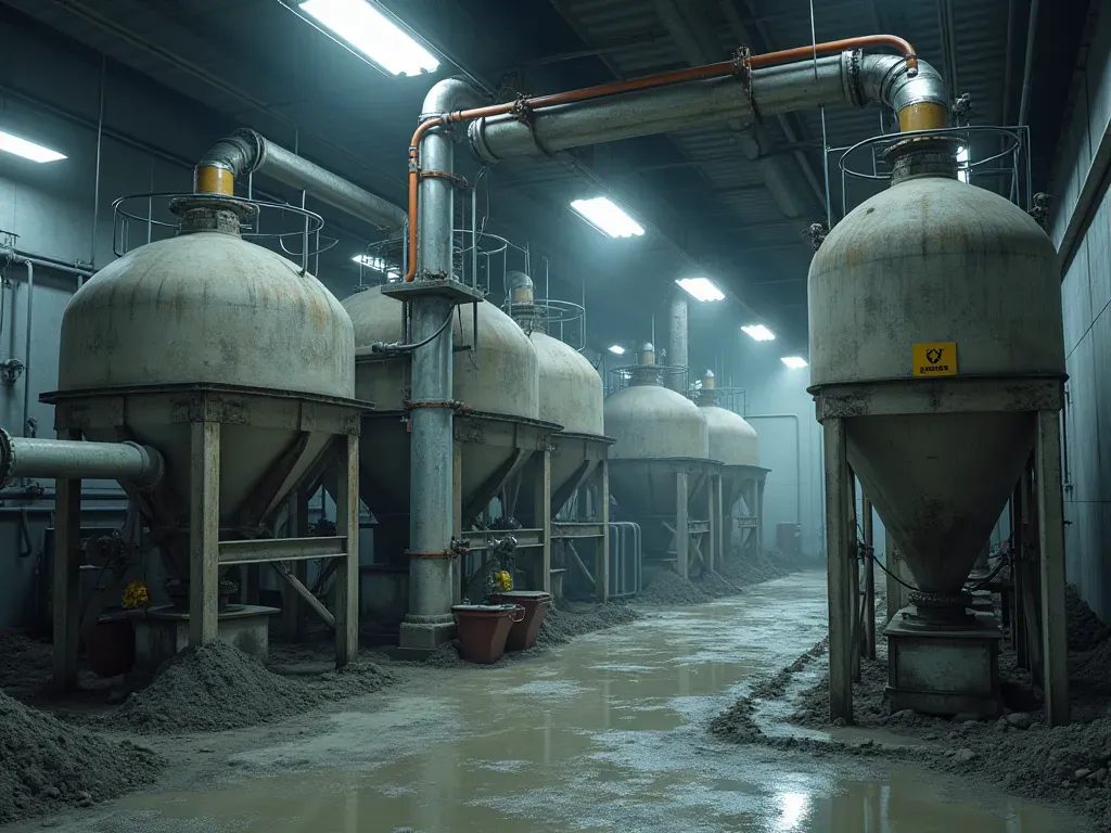 concrete batching equipment system Industrial interior view of a concrete mixing station with large metal hoppers and piping systems under fluorescent lighting showing complex mechanical components in a clean factory environment without any visible labels or screens.