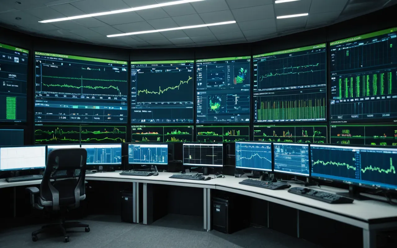 Interior view of a modern control room with multiple large digital screens displaying complex graphs and data streams in blue and green tones, featuring ergonomic chairs and clean white walls under bright cool LED lighting, professional industrial interior photography.
