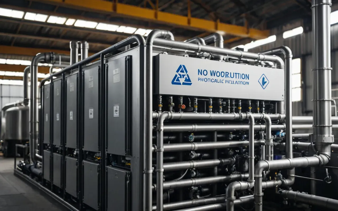 water recycling Modern water recycling filtration unit connected to pipes in clean industrial setting demonstrating sustainable practices with neutral grey tones