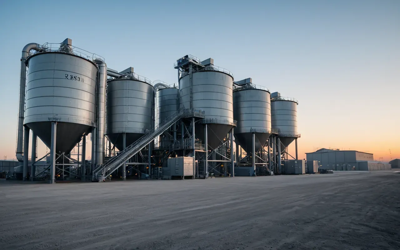 Wide angle shot of a modern industrial concrete batching facility at dawn, featuring large silver hoppers and automated mixing drums against a pale blue sky, clean editorial style with soft morning light illuminating the steel structures.