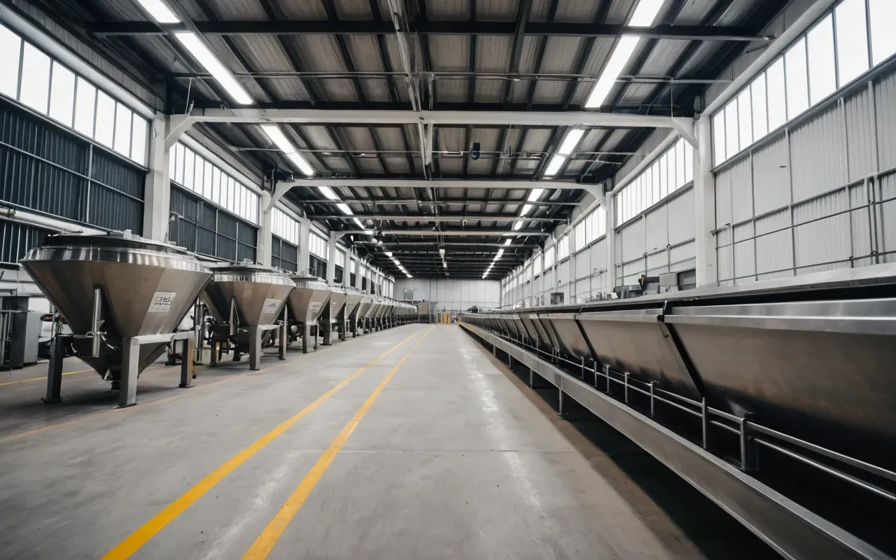 Wide angle shot of a modern industrial facility interior with stainless steel hoppers and conveyor belts, bright overhead lighting, clean concrete floor, no people present