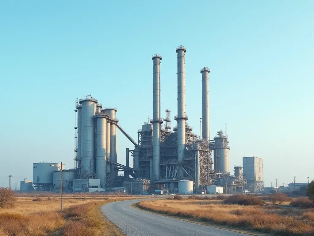 modern cement plant facility Wide angle view of a large modern industrial cement plant with tall smokestacks and silos under a clear blue sky showing the scale of heavy equipment in an open landscape without any visible text or branding.