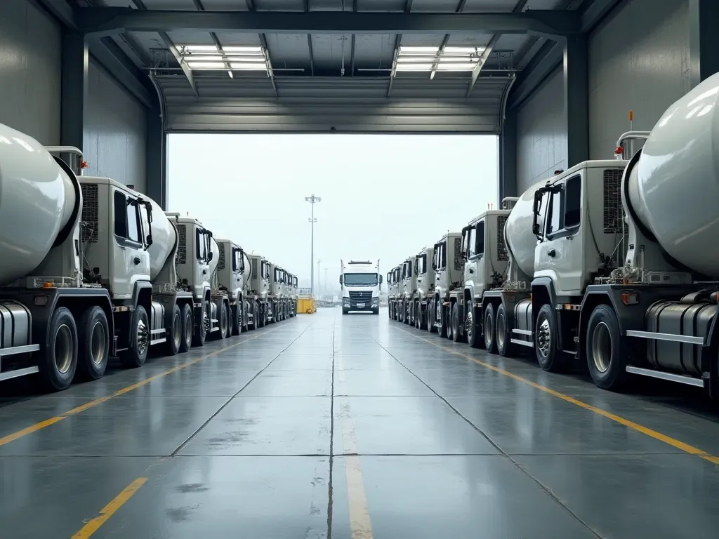 Wide editorial photograph of a clean modern loading bay with concrete mixer trucks aligned neatly, paved ground, organized staging area, neutral industrial daylight