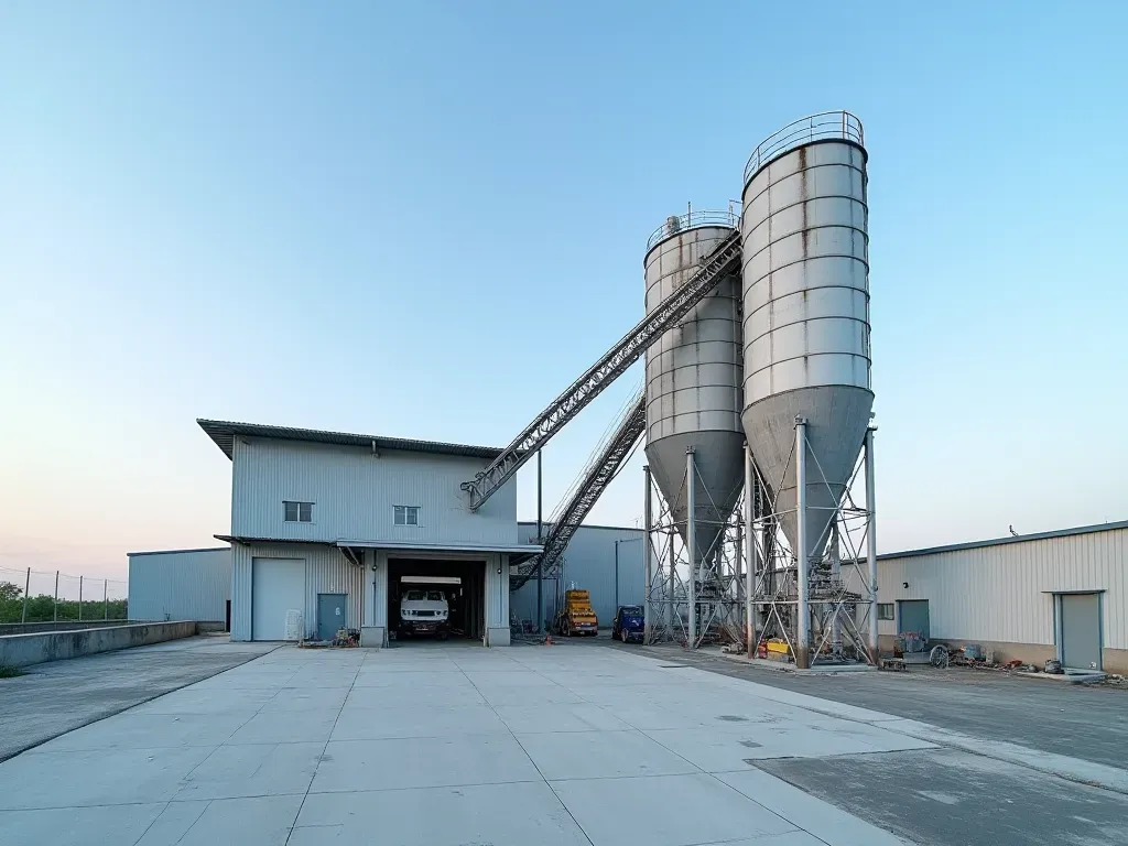 Wide editorial photograph of a modern concrete batching facility exterior with clean steel silos, paved loading area, and clear blue sky, soft morning light, neutral industrial setting