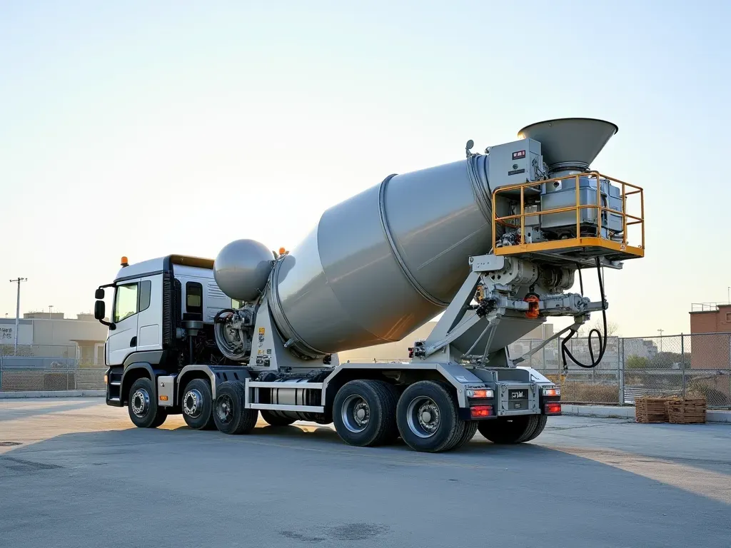 Wide editorial photograph of a modern mobile concrete batching unit on a clean construction site, organized staging area, clear sky, neutral industrial environment