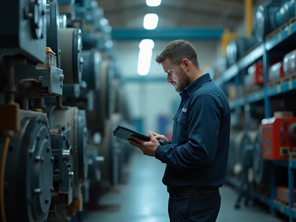 Wide editorial photograph of a technician inspecting heavy equipment components with a digital tablet in a clean industrial maintenance bay, soft overhead lighting, neutral workspace