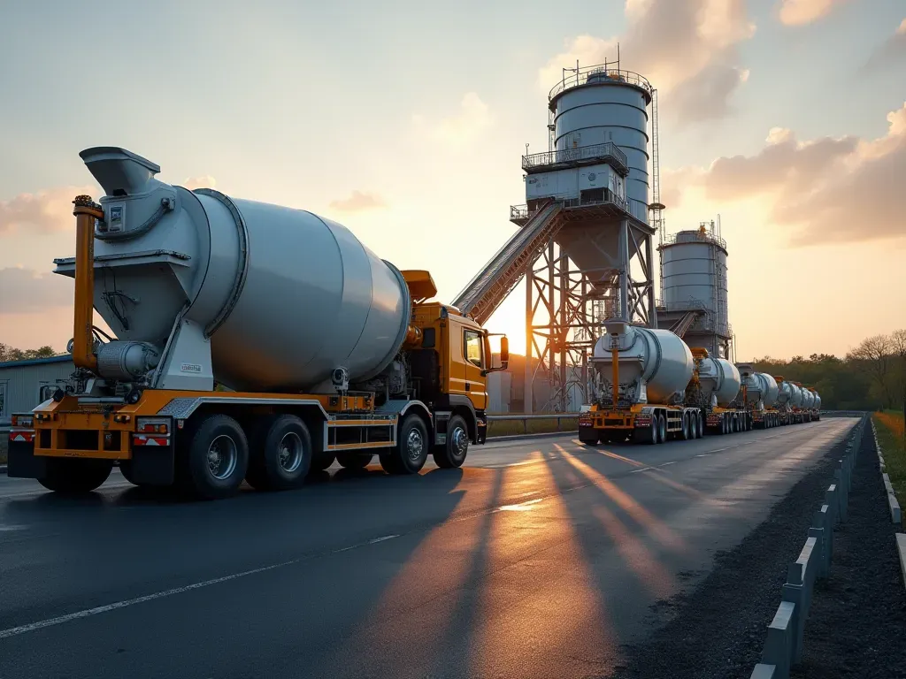 Wide shot of a modern concrete batching plant at dawn with trucks lined up, industrial lighting casting long shadows on the asphalt yard, photorealistic style