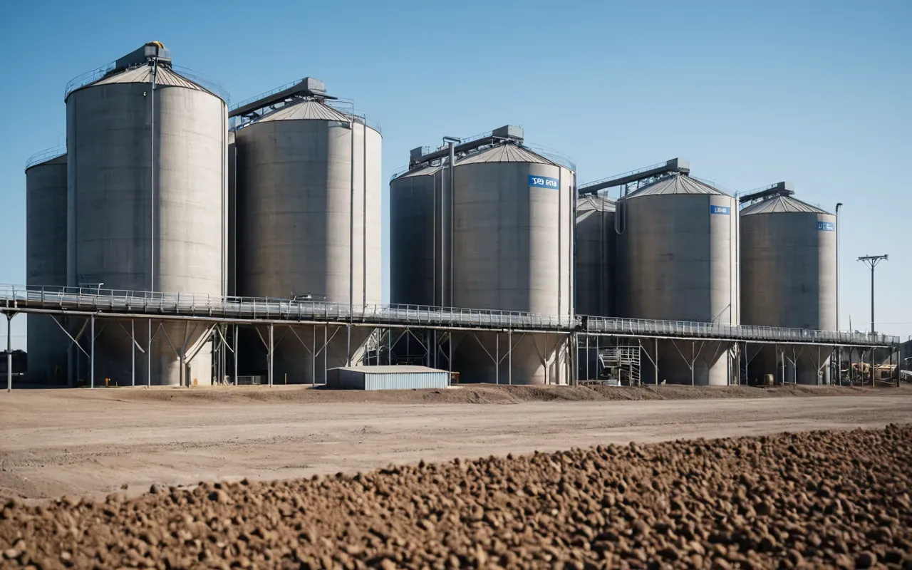 concrete batching plants Wide shot of a modern industrial concrete batching facility during daytime with large grey silos and conveyor belts against a clear blue sky