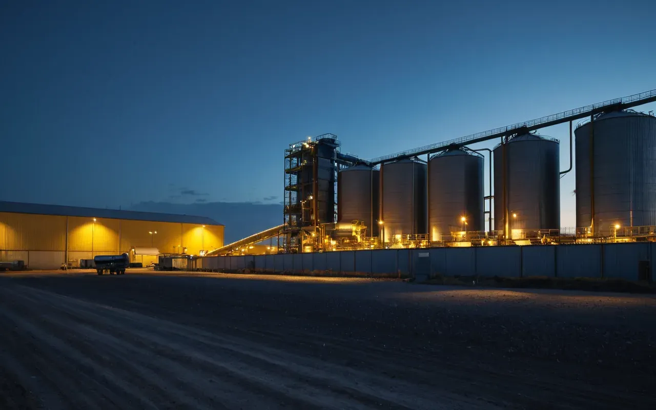 Wide shot of a modern industrial facility at dusk with large aggregate silos and conveyor belts illuminated by warm yellow floodlights against a dark blue sky